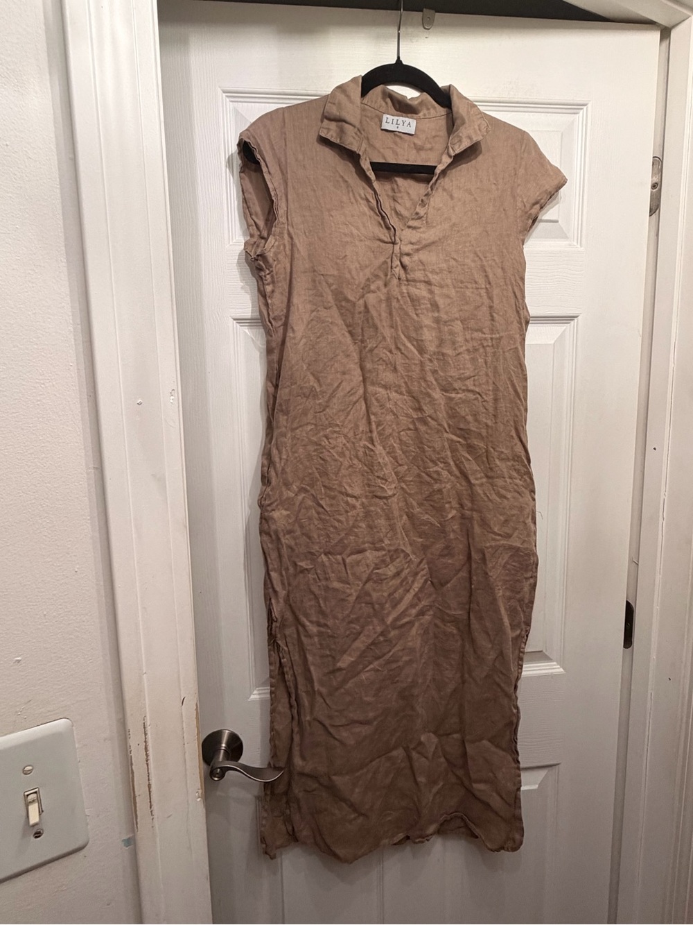 Lilya linen Tan Midi Dress with Collar